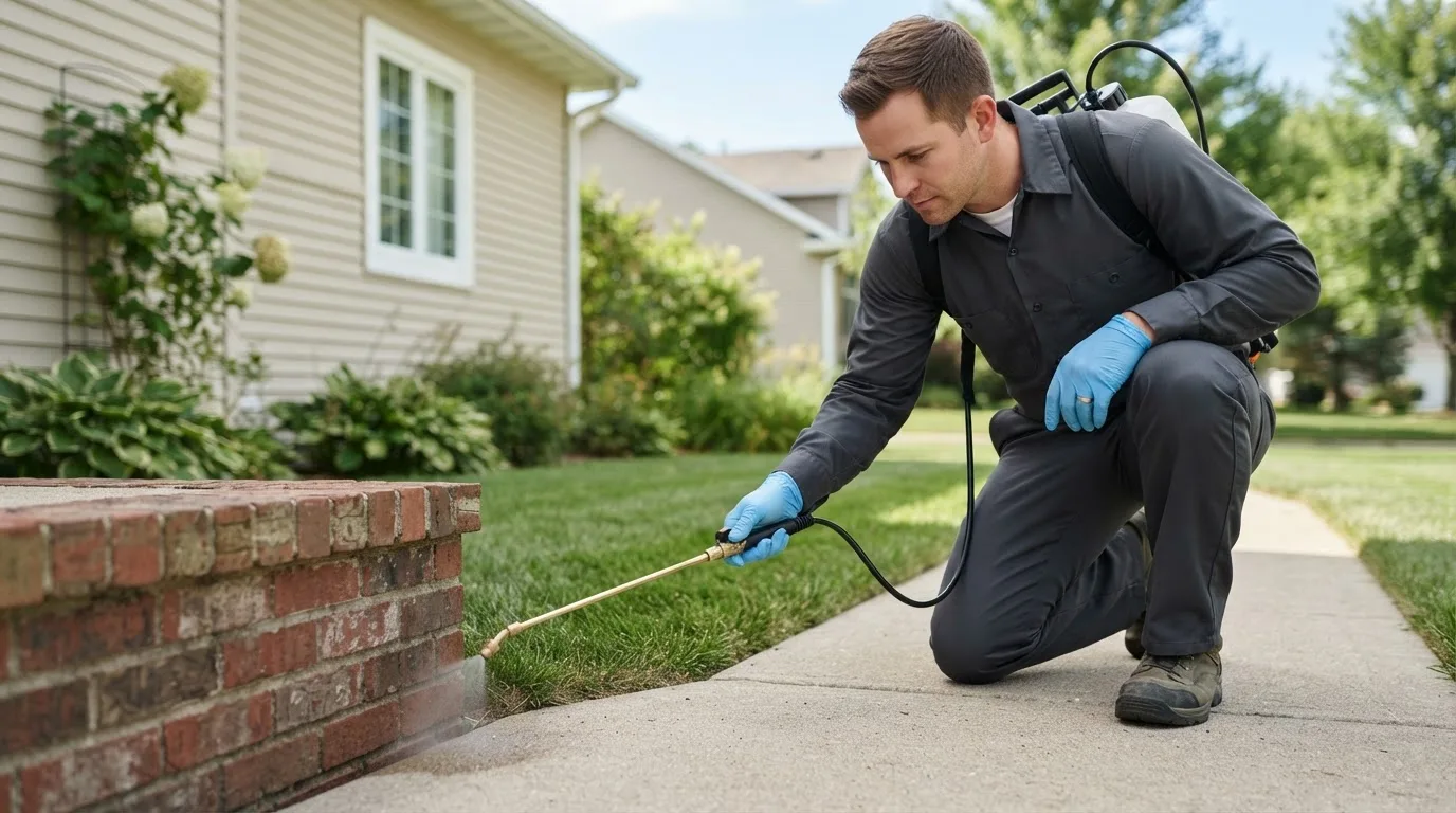 Pest control technician treating a home near Asheboro, NC
