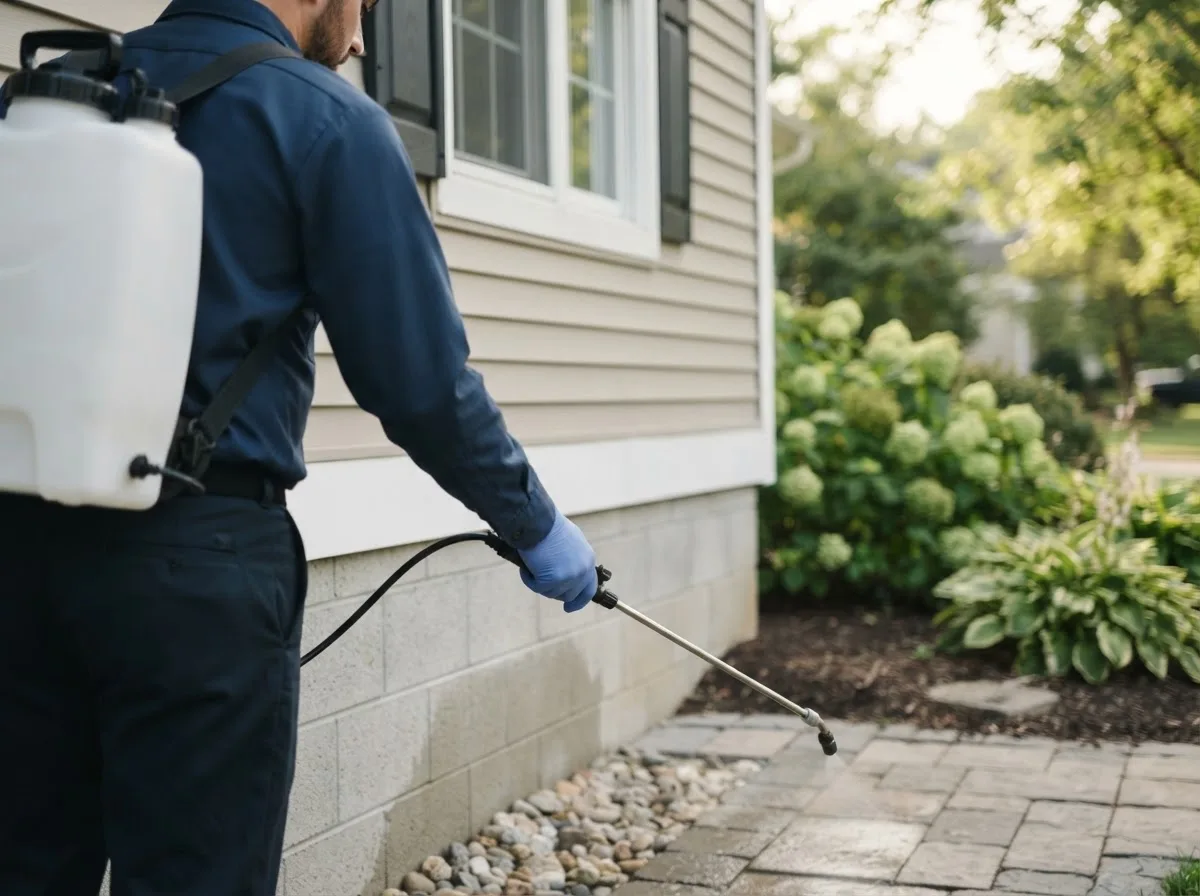 Pest control technician inspecting a home in Asheboro, NC